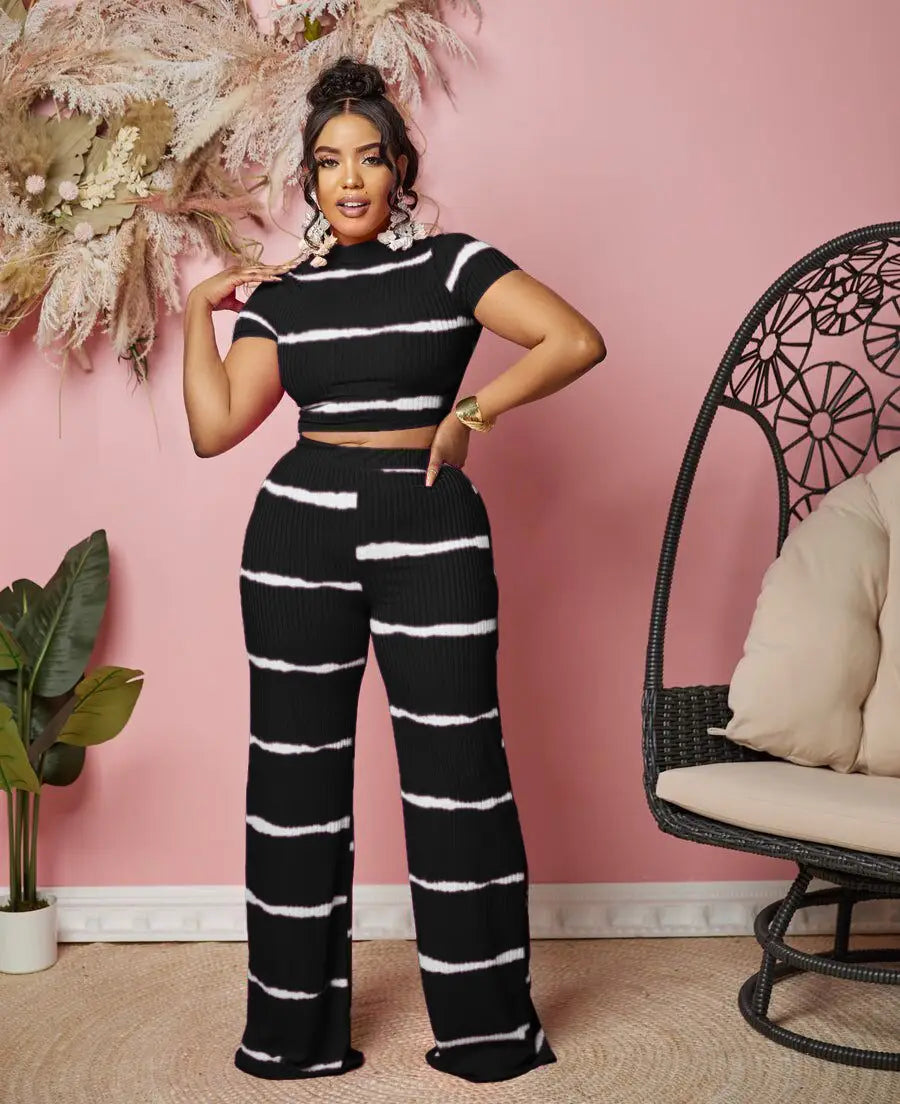 Striped Ribbed Co-ord Set - Effortlessly Casual With Short Sleeve
