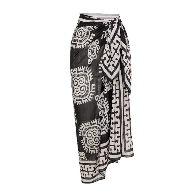 Geometric Print One-Piece Swimsuit with Wrap Skirt