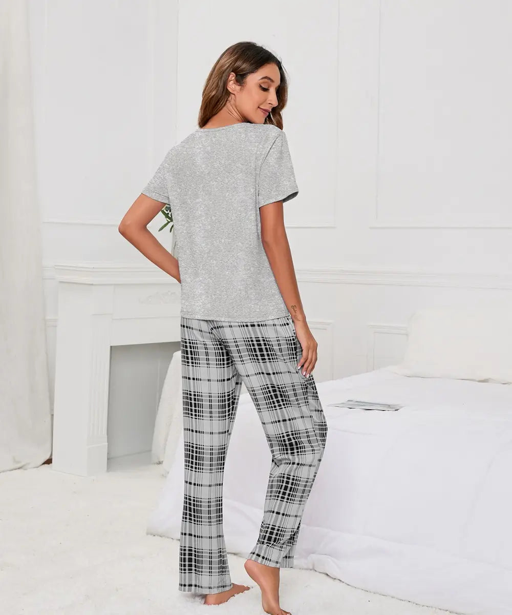 Solid-colour T-print Checks Pyjama Set - Summer Lounge Bliss