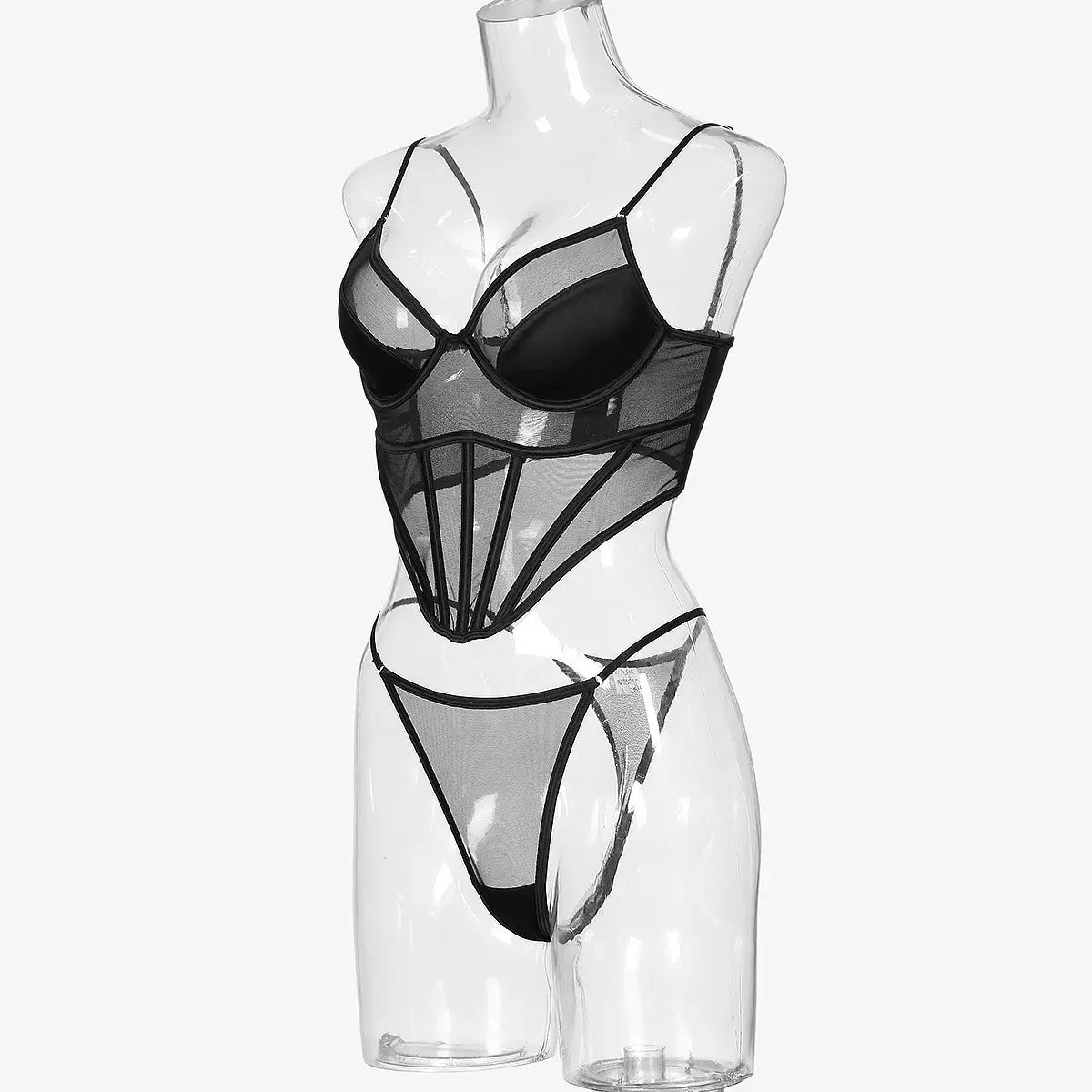 Sheer Mesh Corset Top - V-neck Strap Seasonless Lingerie Set