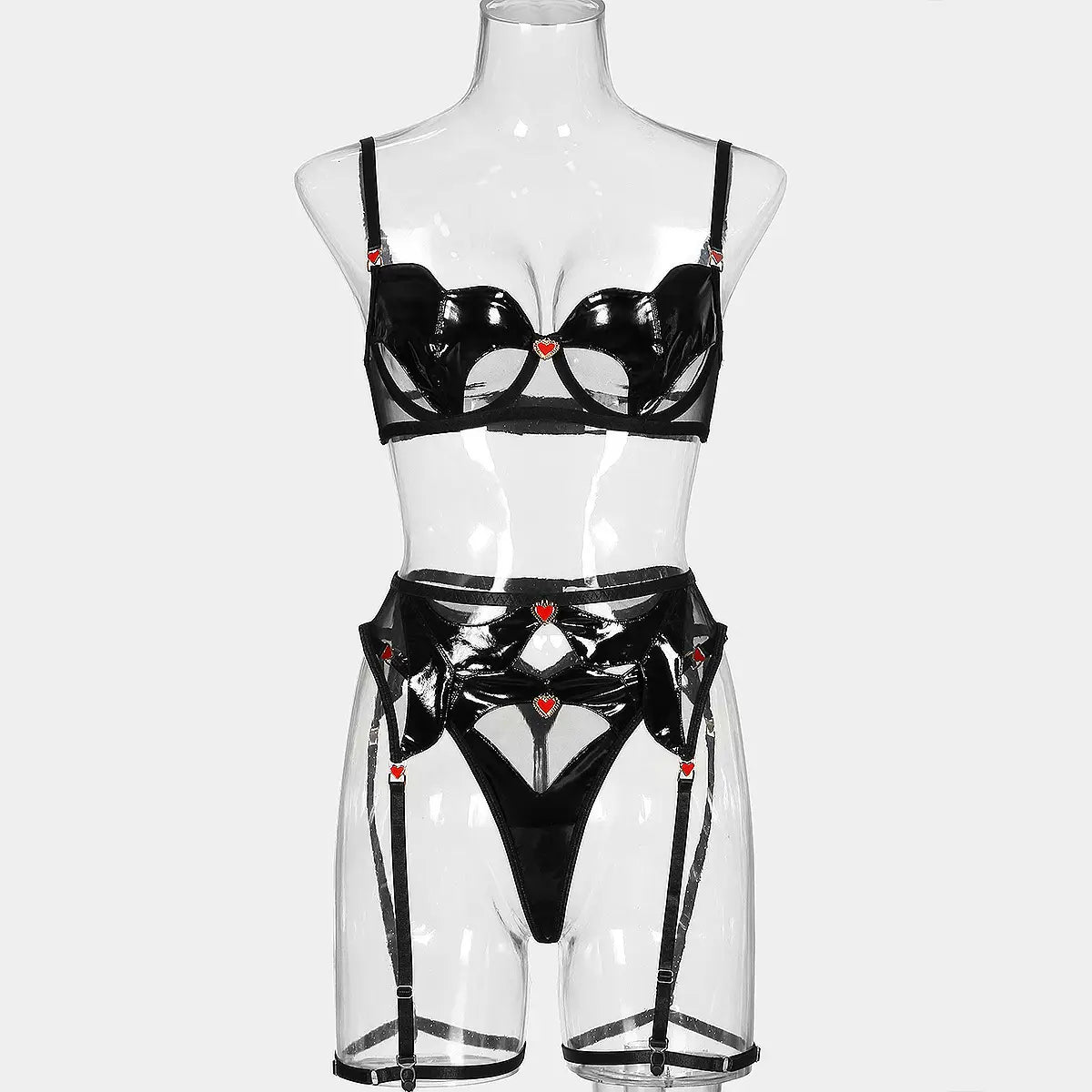 Leather Splice Garter Set - Mesh Allure Embellished Elegance