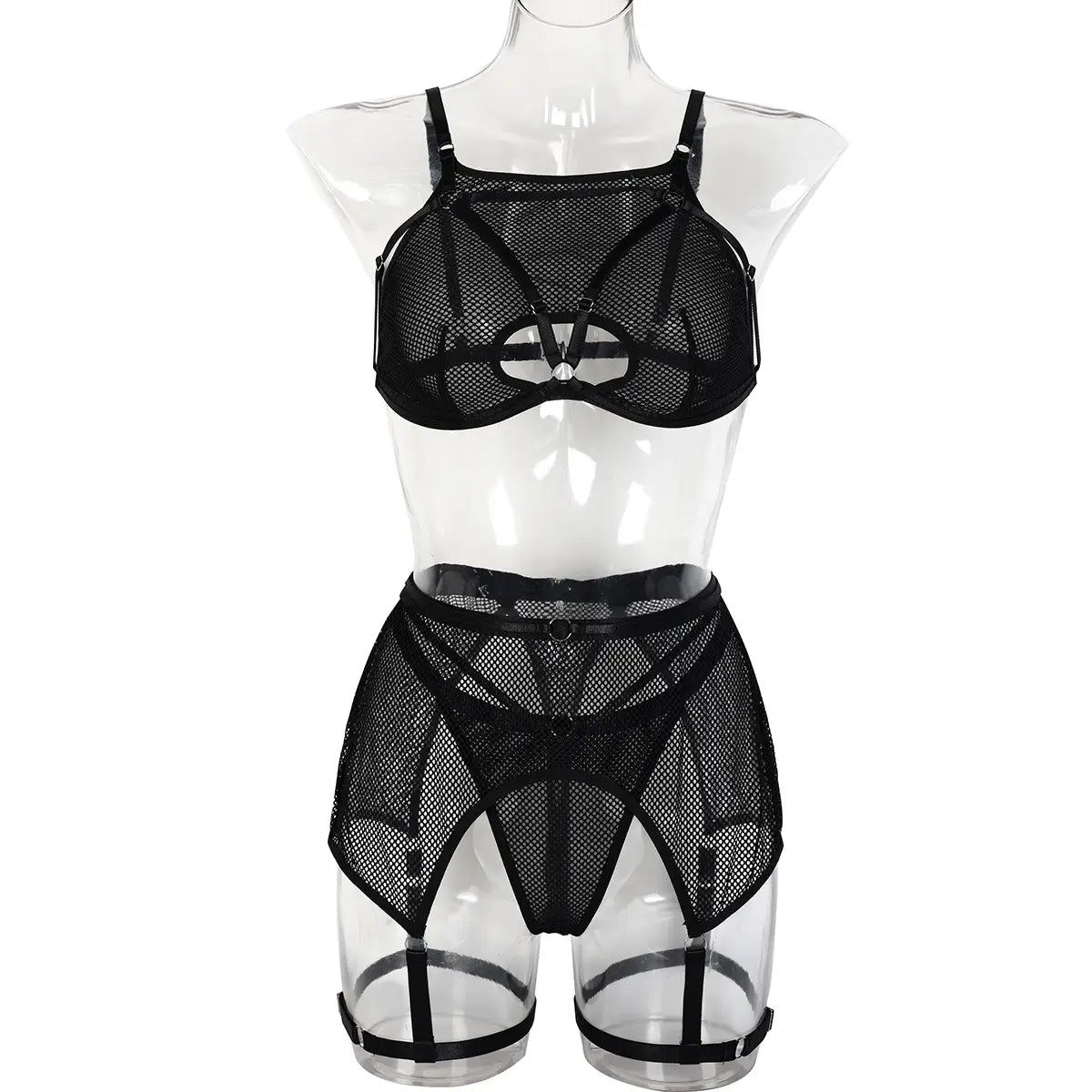 Mesh Mystique Three-piece Set - Solid Elegance with Cutout Charm