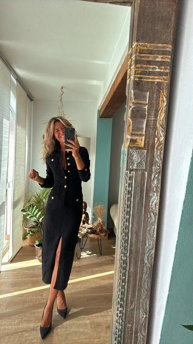 Button-front Denim Midi with Utility Details - Casual Chic