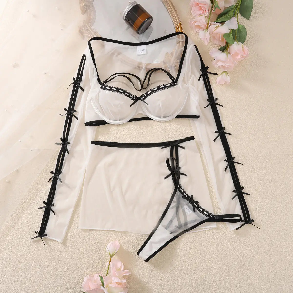 Sexy Mesh Lace-up Lingerie Set – Alluring Three-piece