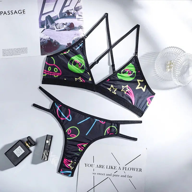 Graffiti Print Mesh Lingerie Set