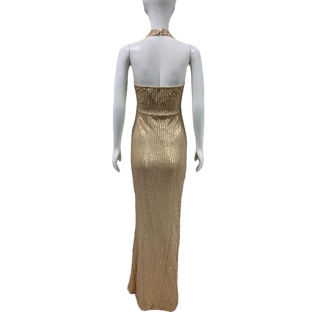 Glamorous Golden Sequin Split Maxi Dress - Rhinestone Sparkle For Ultimate