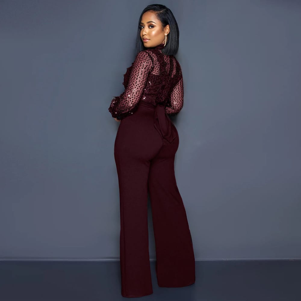 Sequin Lace Jumpsuit - Turtleneck Glam Sheer Elegance