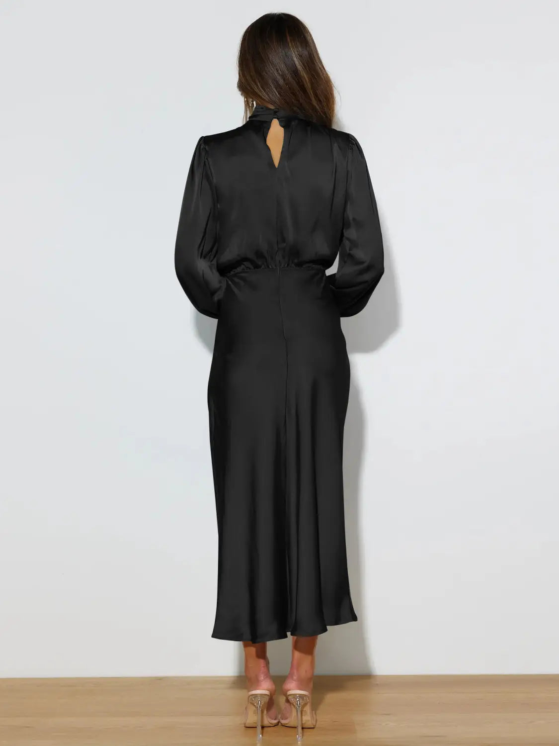 Satin Midi Dress with Balloon Sleeves - Evening Elegance