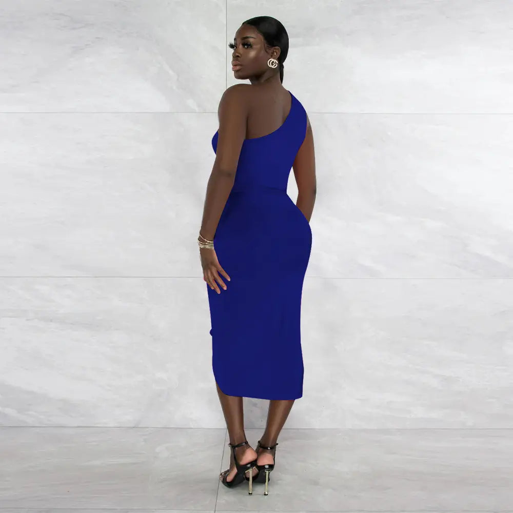 One Shoulder Midi Dress with Asymmetric Draping