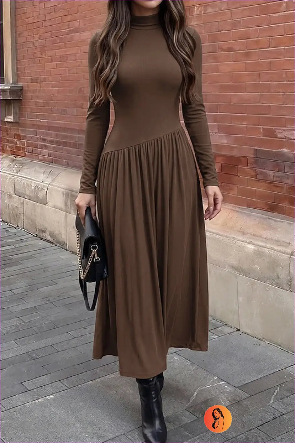 Coffee Brown Long Sleeve Maxi Dress with High Neck - Quiet Evenings