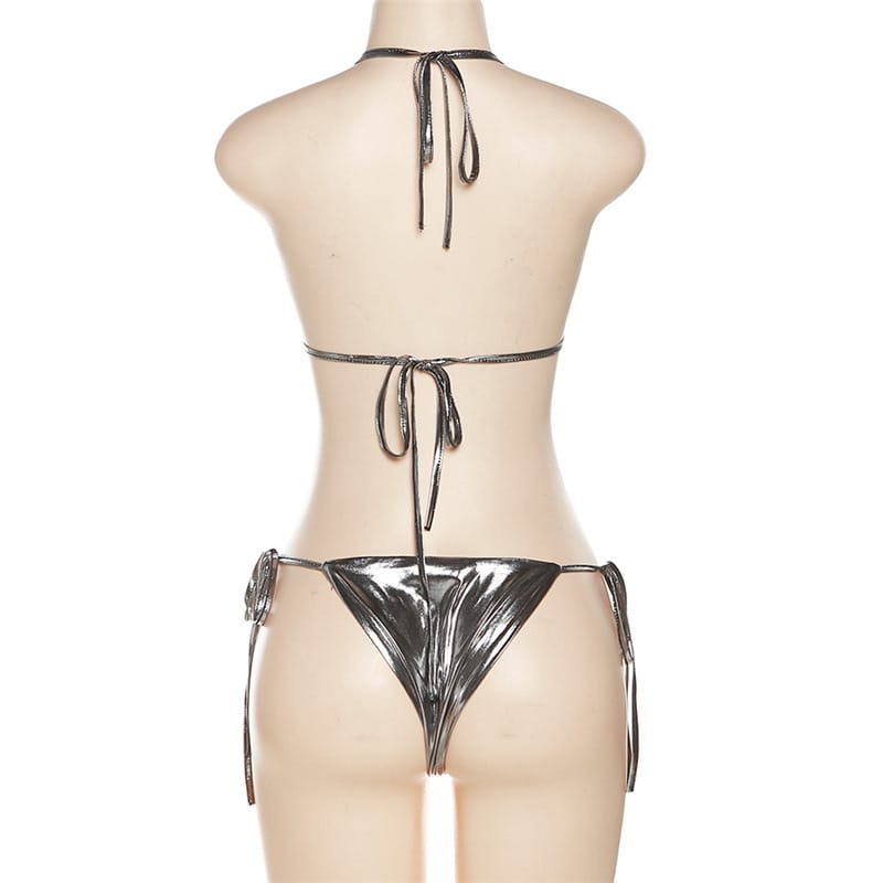 Boho Metallic Reflective Bikini - Sexy Backless Halter Lace-up Set