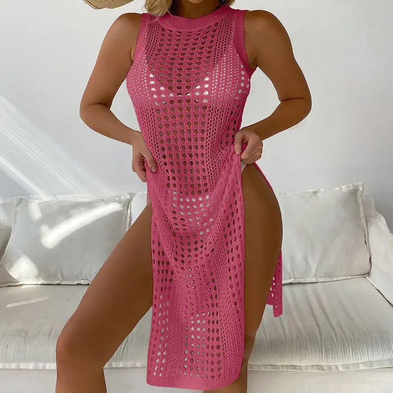 Boho Vacation Cover Up - Slim Fit, Sleeveless Midi Dress