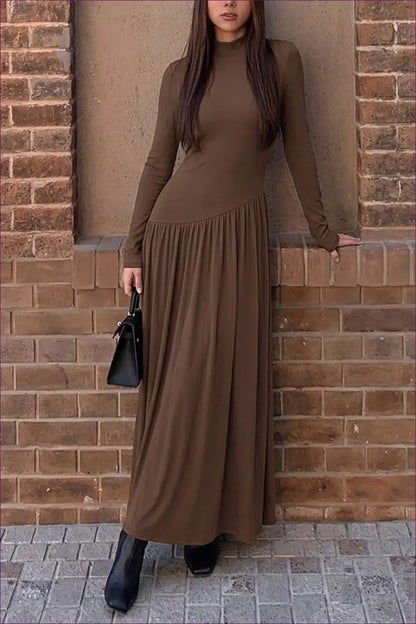 Coffee Brown Long Sleeve Maxi Dress with High Neck - Quiet Evenings