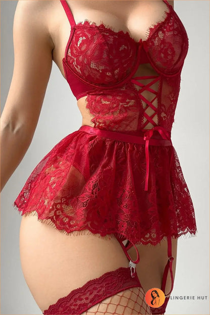 Wine Red Lace-Up Garter Babydoll