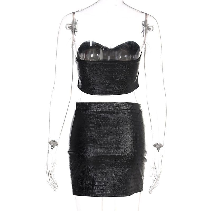 Sultry Faux Leather Set - Sizzle In Strapless Crop Top And Mini Skirt