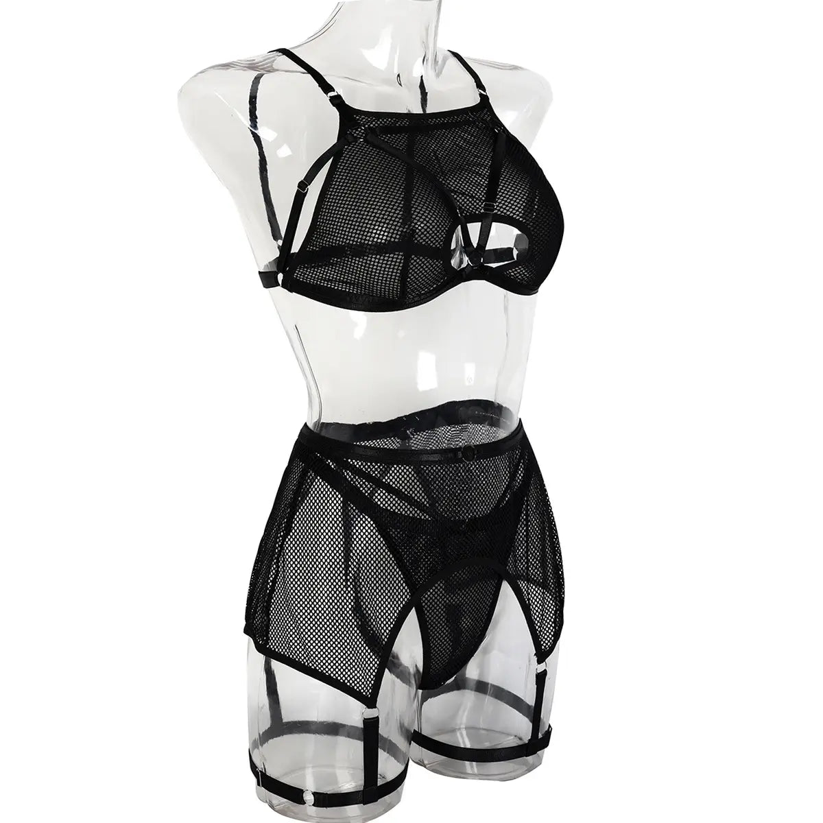 Mesh Mystique Three-piece Set - Solid Elegance with Cutout Charm