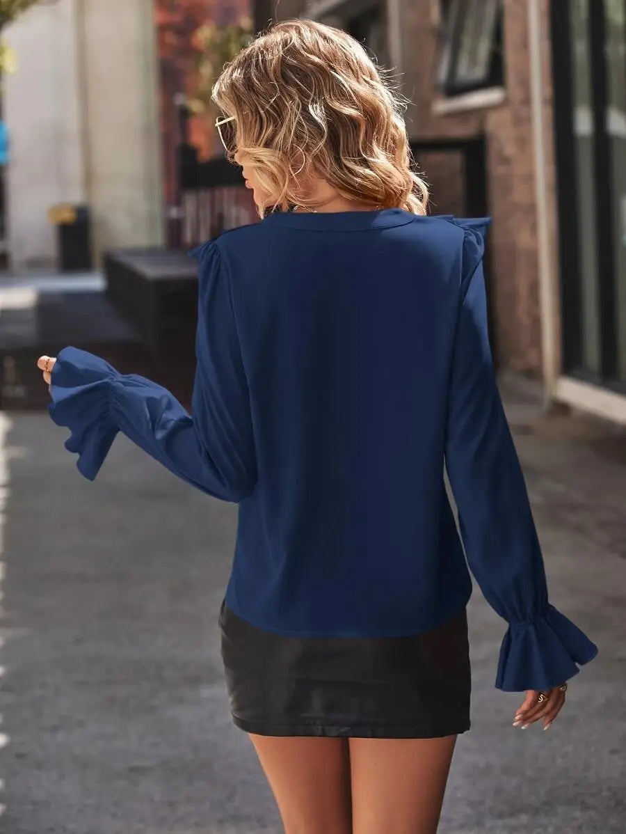 Ruffled V-neck Elegant Shirt - Graceful Fall Style with Luxe Ruffles