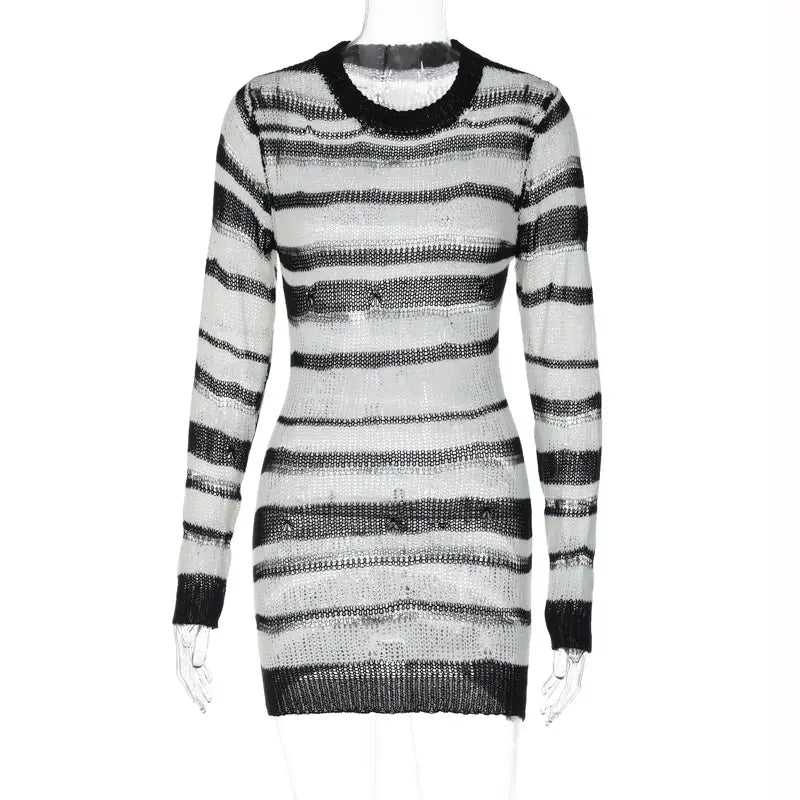 Striped Knitted Bodycon Dress - Sexy And Slim With Long Sleeves