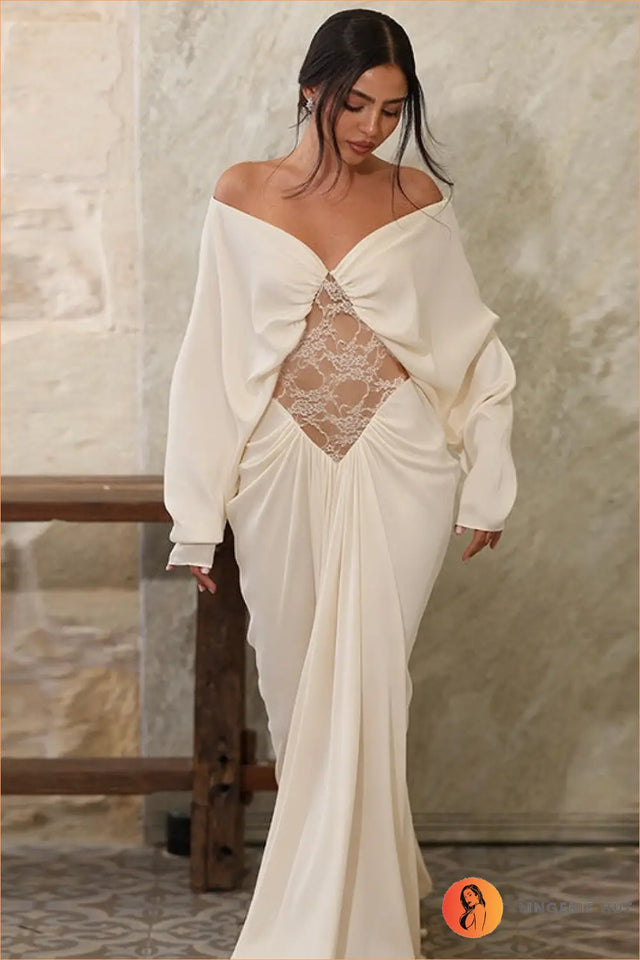 Ivory Off-Shoulder Lace-Cutout Evening Gown