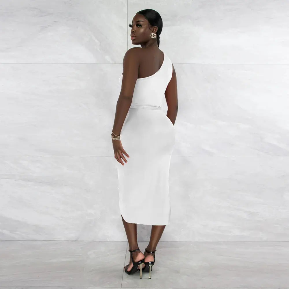One Shoulder Midi Dress with Asymmetric Draping