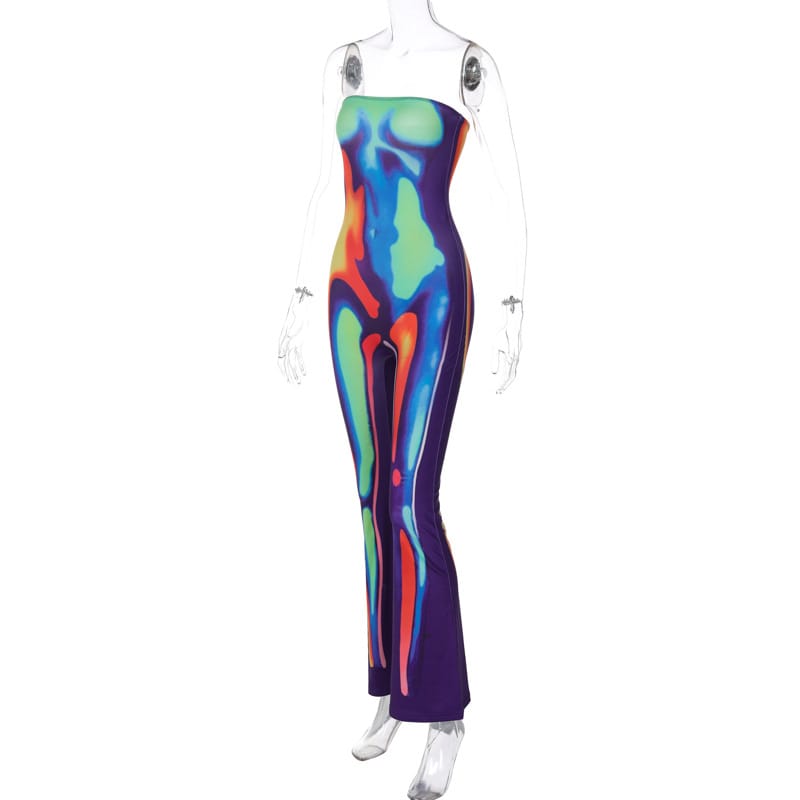 Sexy Strapless Slim-fit Jumpsuit with Abstract Print - Summer Style