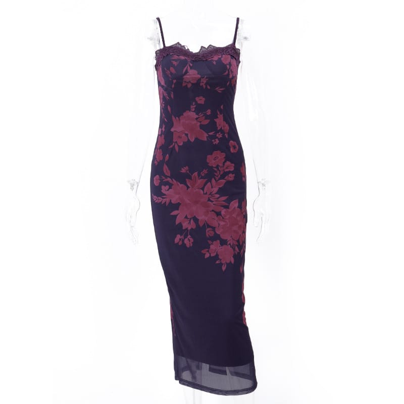 Captivating Backless Lace-edged Dress - Vintage Floral Print With Sultry Slit