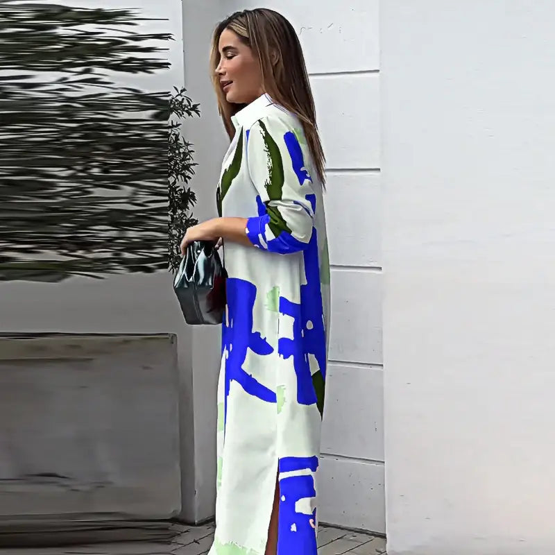 Printed Shirt Collar Maxi Dress - Casual Elegance Redefined