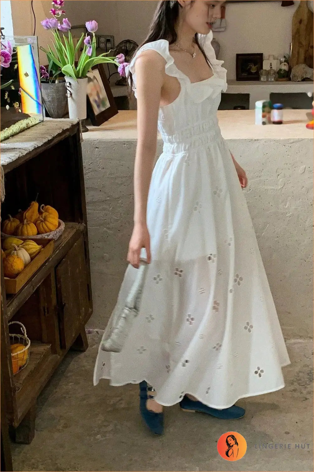 Square-Neck Midi Dress with Eyelet Cutouts and Ruffle
