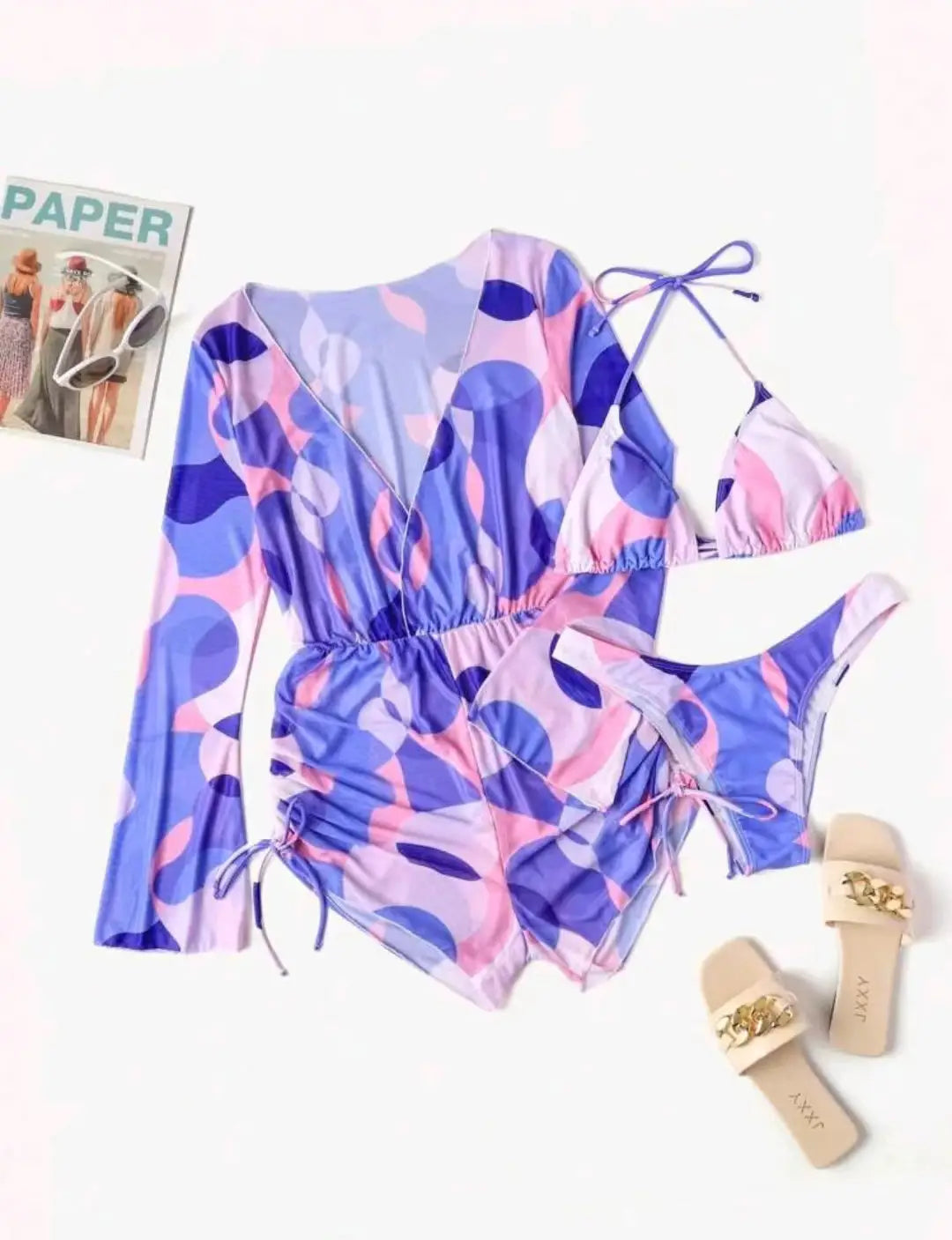 Boho Mesh Bikini Set – Chic Three-piece Swimwear