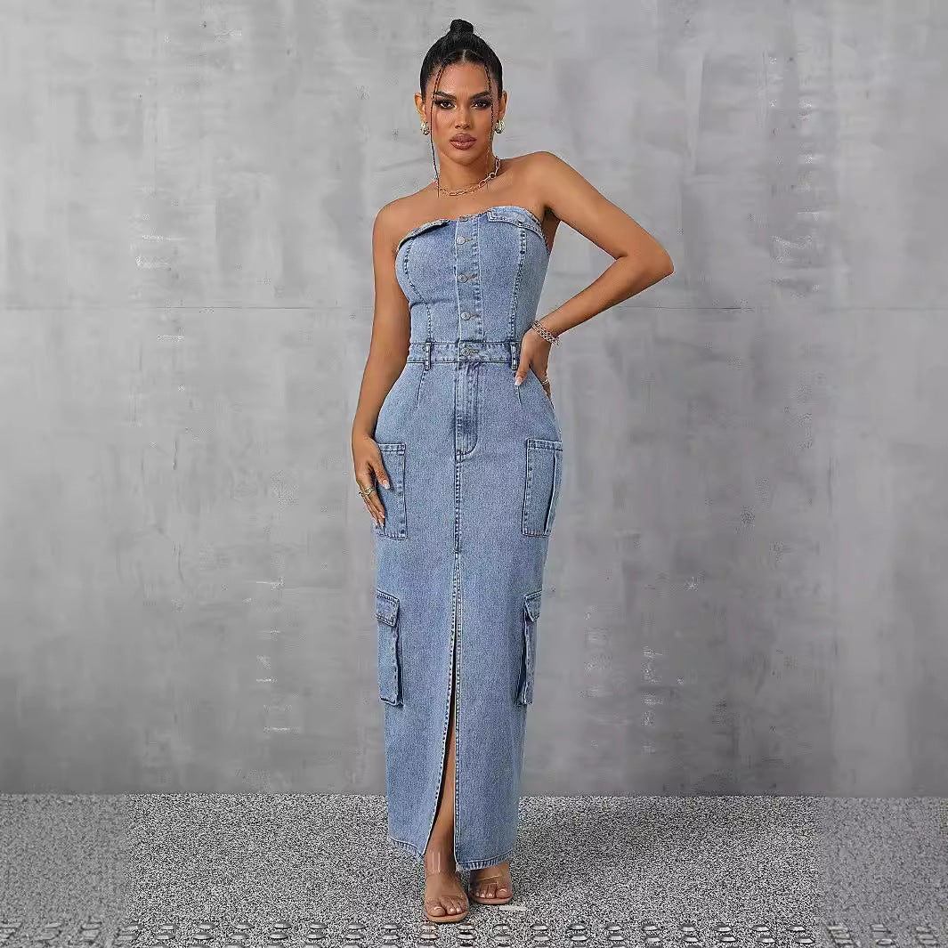 Strapless Denim Maxi Dress – Edgy & Chic