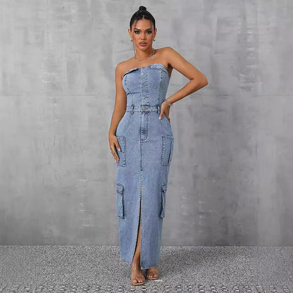 Strapless Denim Maxi Dress – Edgy & Chic