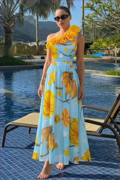Floral Maxi Dress with One Shoulder - Holiday Ease