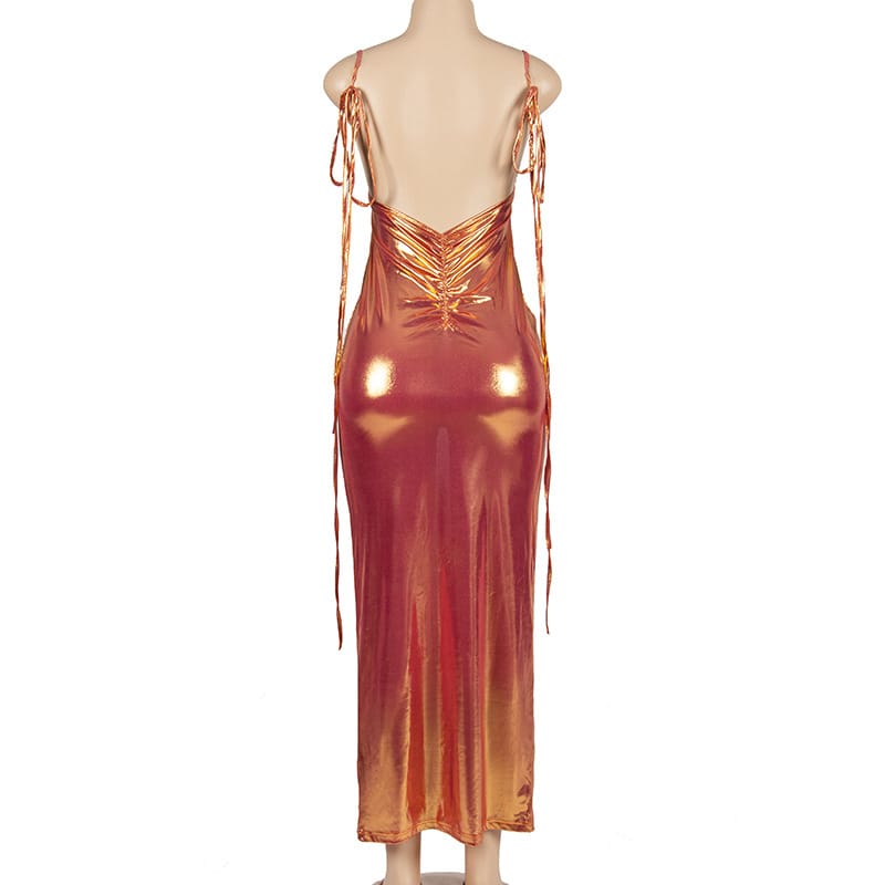 Ignite the Night: a Dive Into Elegance with Lingerie Hut’s Glossy Sleeveless Lace-up Slim Fit Sheath Maxi