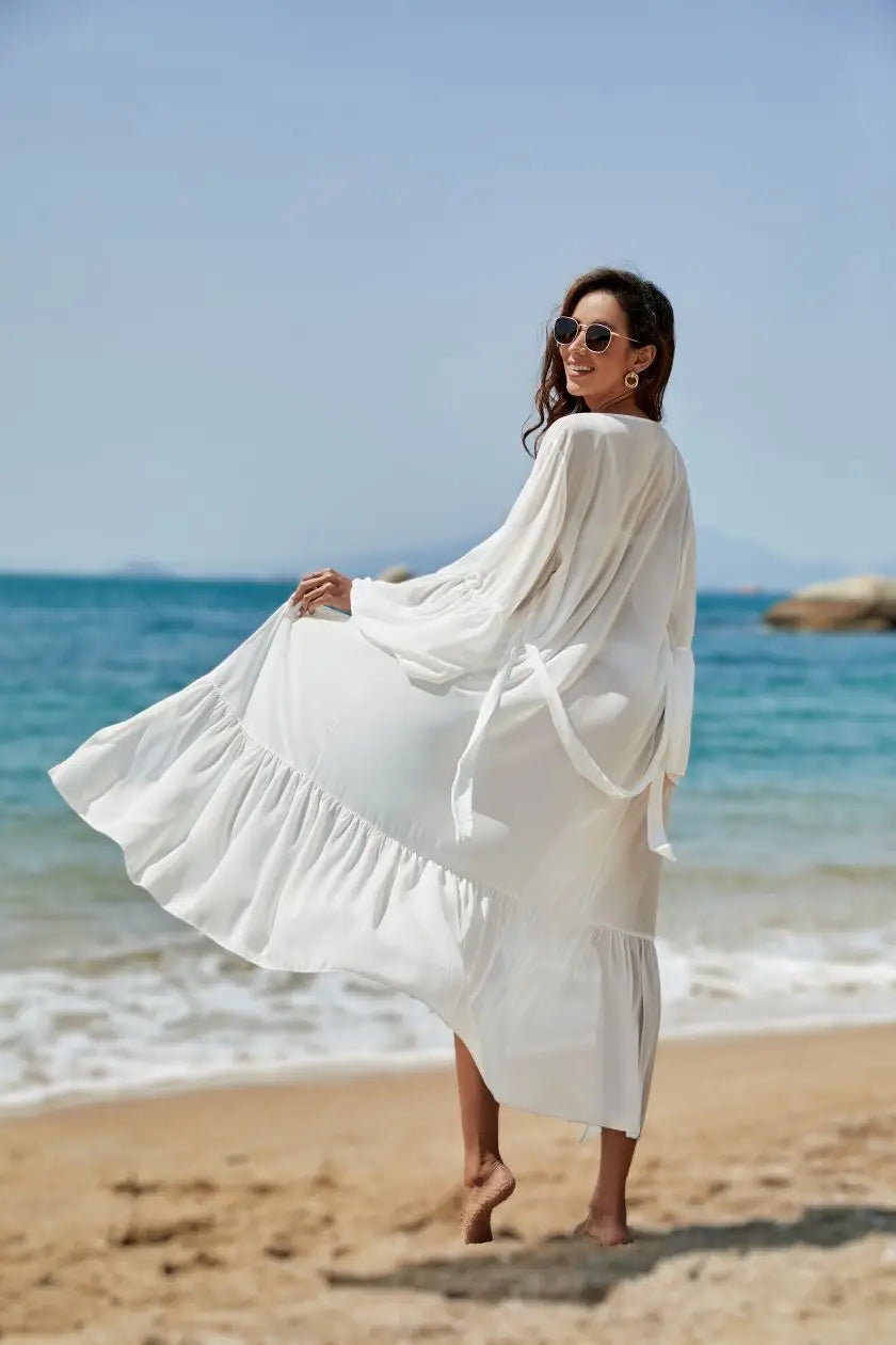 Boho-chic Chiffon Bell Sleeve Cardigan For Stylish Sun Protection - Vacation