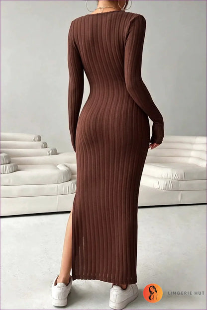 Brown Knit Maxi Dress with Wrap Neckline - After Dark