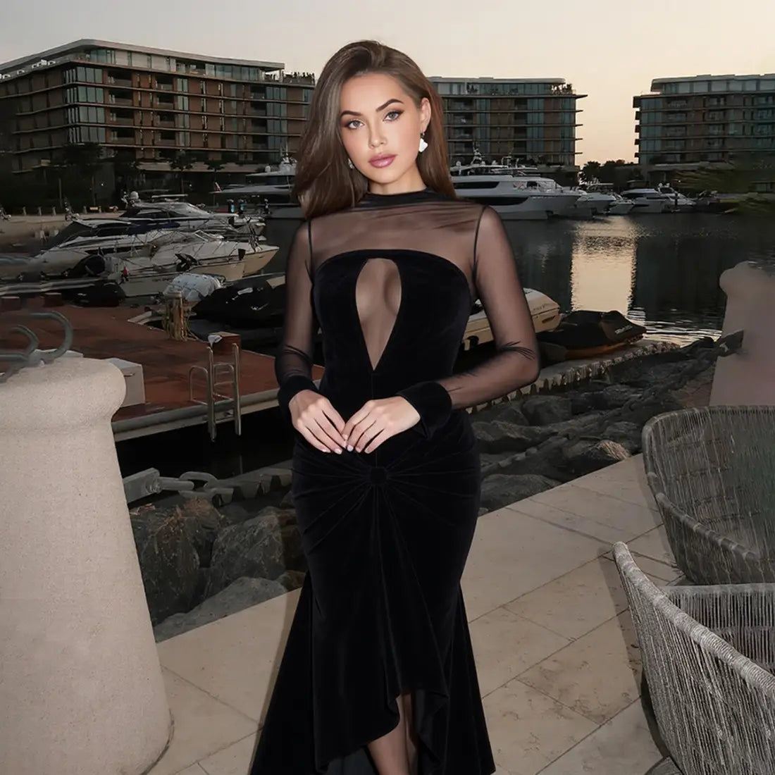 Mesh Panel Maxi Dress with Asymmetric Hem - Modern