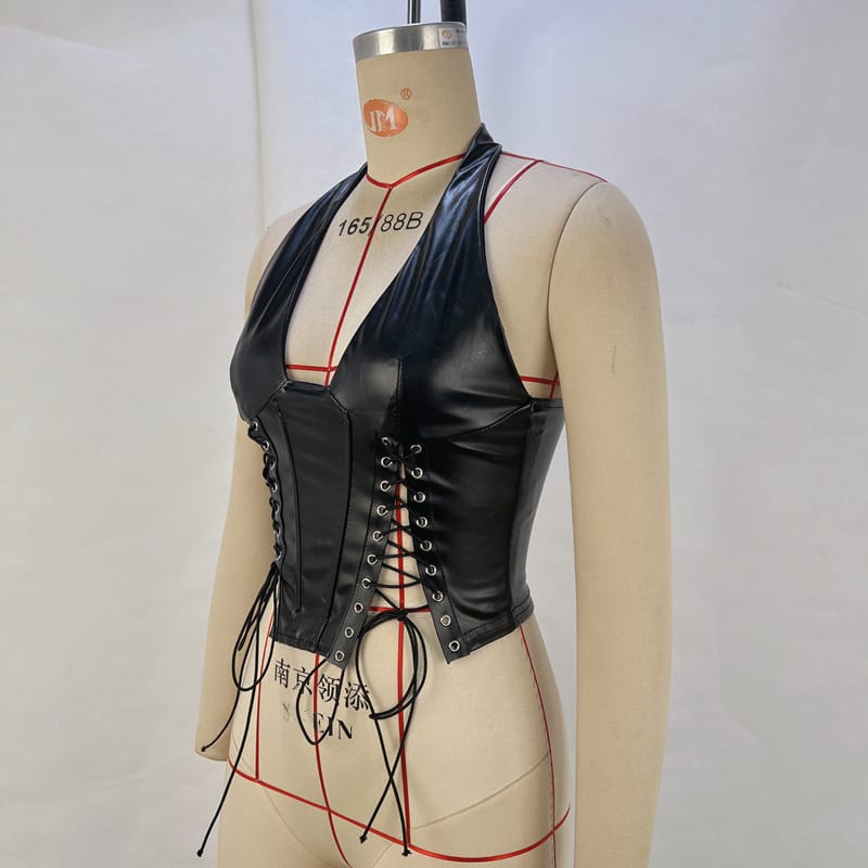 Faux Leather Halter Sexy Lace-up Tight Waist Vest - Slay Queen Alert