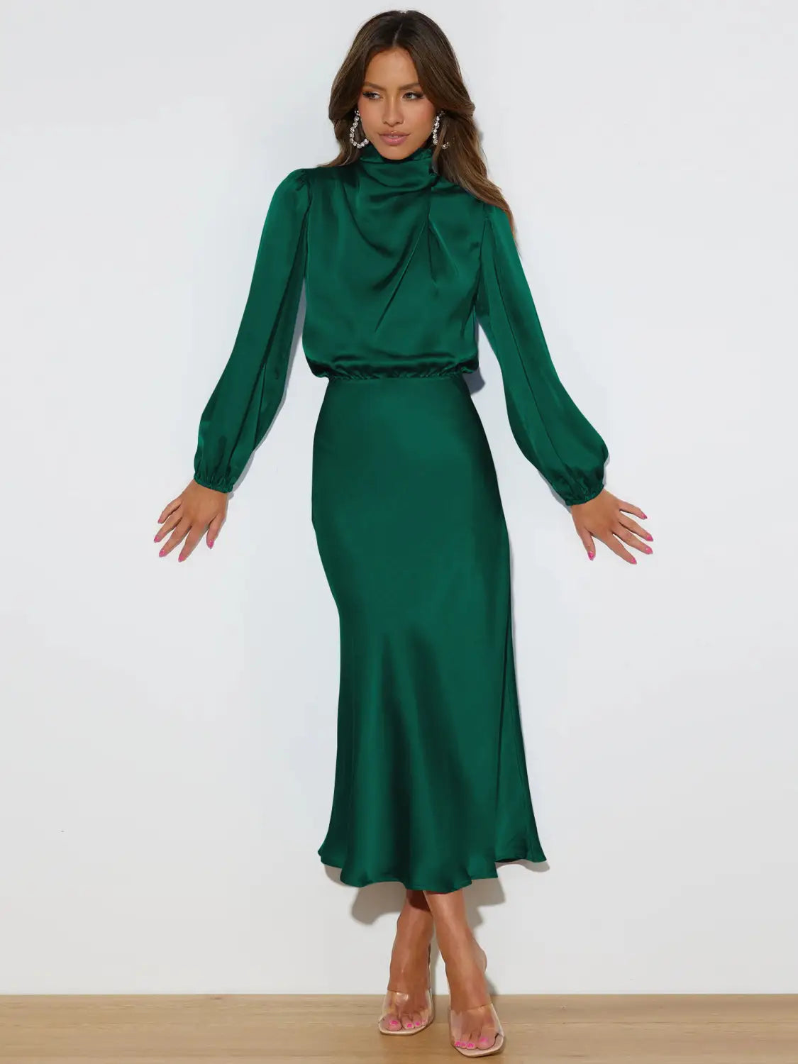 Satin Midi Dress with Balloon Sleeves - Evening Elegance