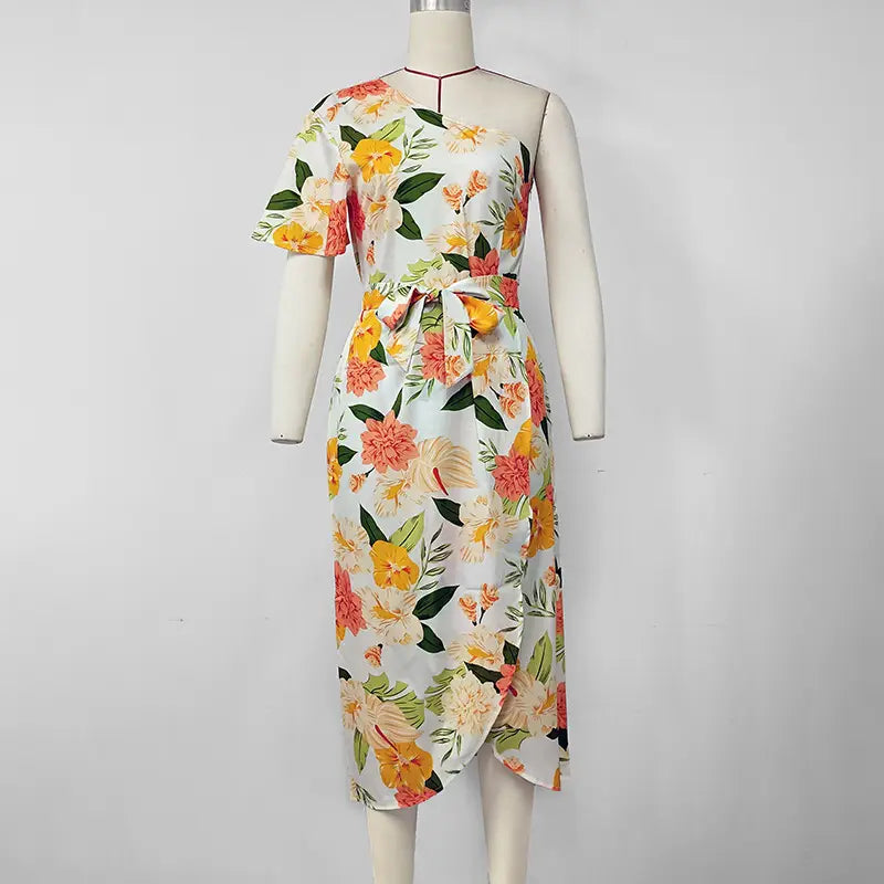 Elegant Floral Asymmetric Dress with Butterfly Sleeves - Daily Midi Fashion