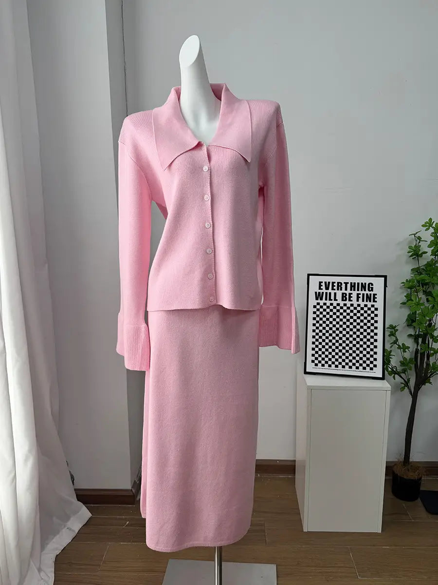Knit Cardigan and Midi Skirt Set with Bell Sleeves