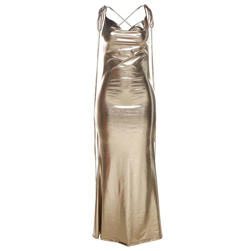 Metallic Backless Maxi Dress - Embrace Sensuality with a Touch of Glamour