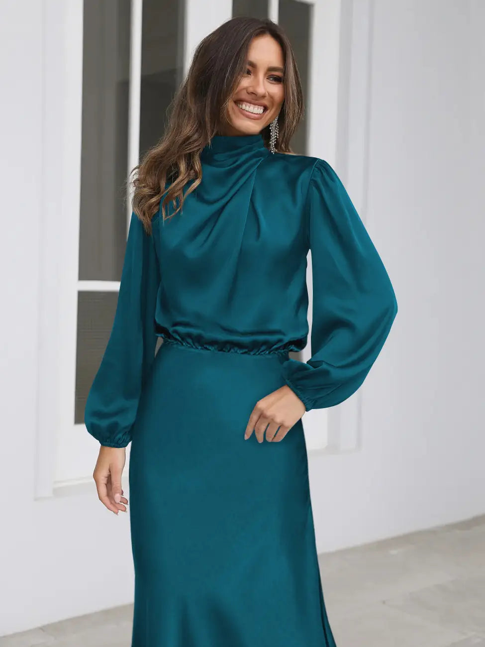 Satin Midi Dress with Balloon Sleeves - Evening Elegance