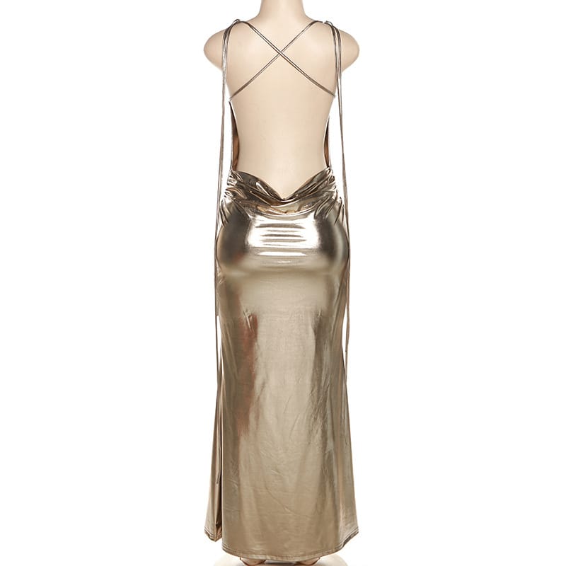 Metallic Backless Maxi Dress - Embrace Sensuality with a Touch of Glamour