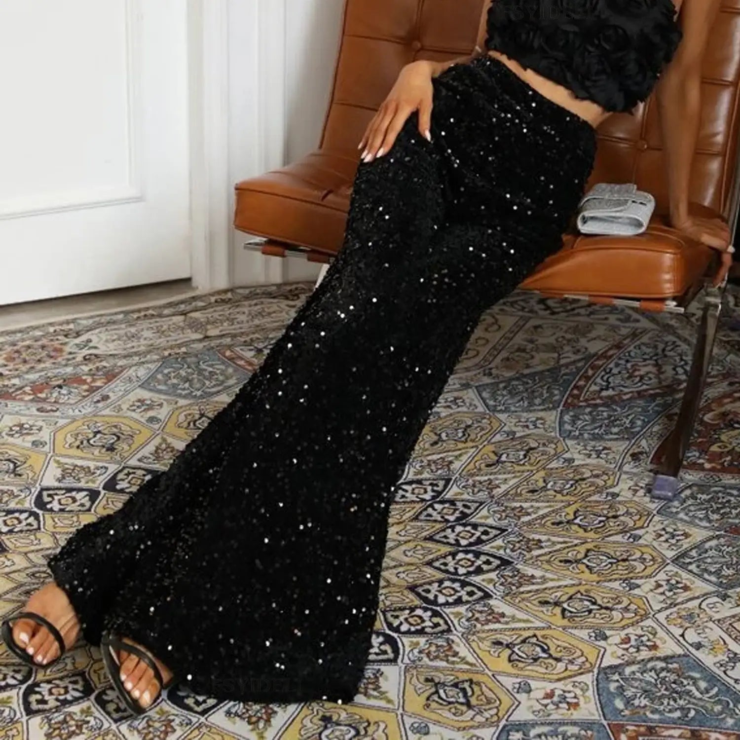Elegant Sequin Wide Leg Co-ord Set - Loose Fit With High Waist Trousers