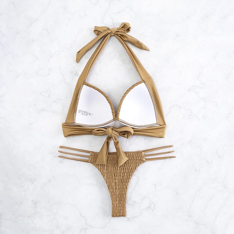 Boho-chic Cutout Smocked Halter Bikini With Tie Details - Vacation Vibes