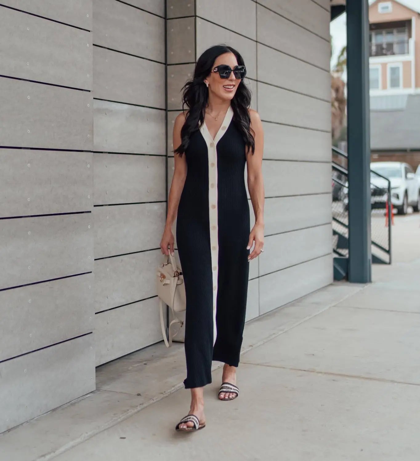 Ribbed Knit Maxi Dress with Contrast Stripe - Casual Chic