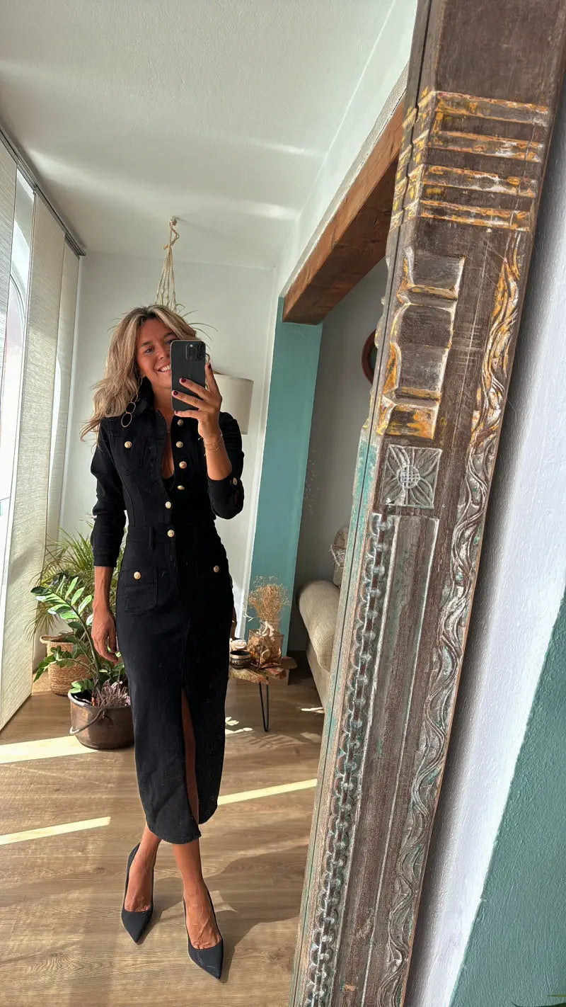 Button-front Denim Midi with Utility Details - Casual Chic