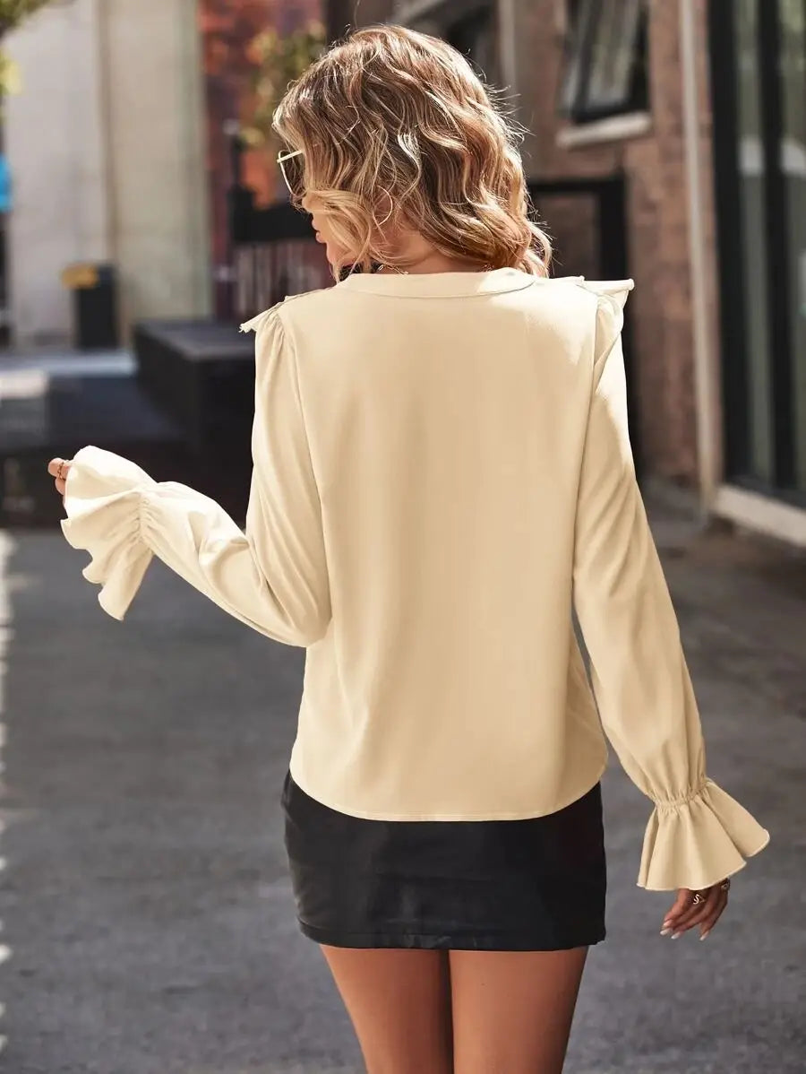 Ruffled V-neck Elegant Shirt - Graceful Fall Style with Luxe Ruffles