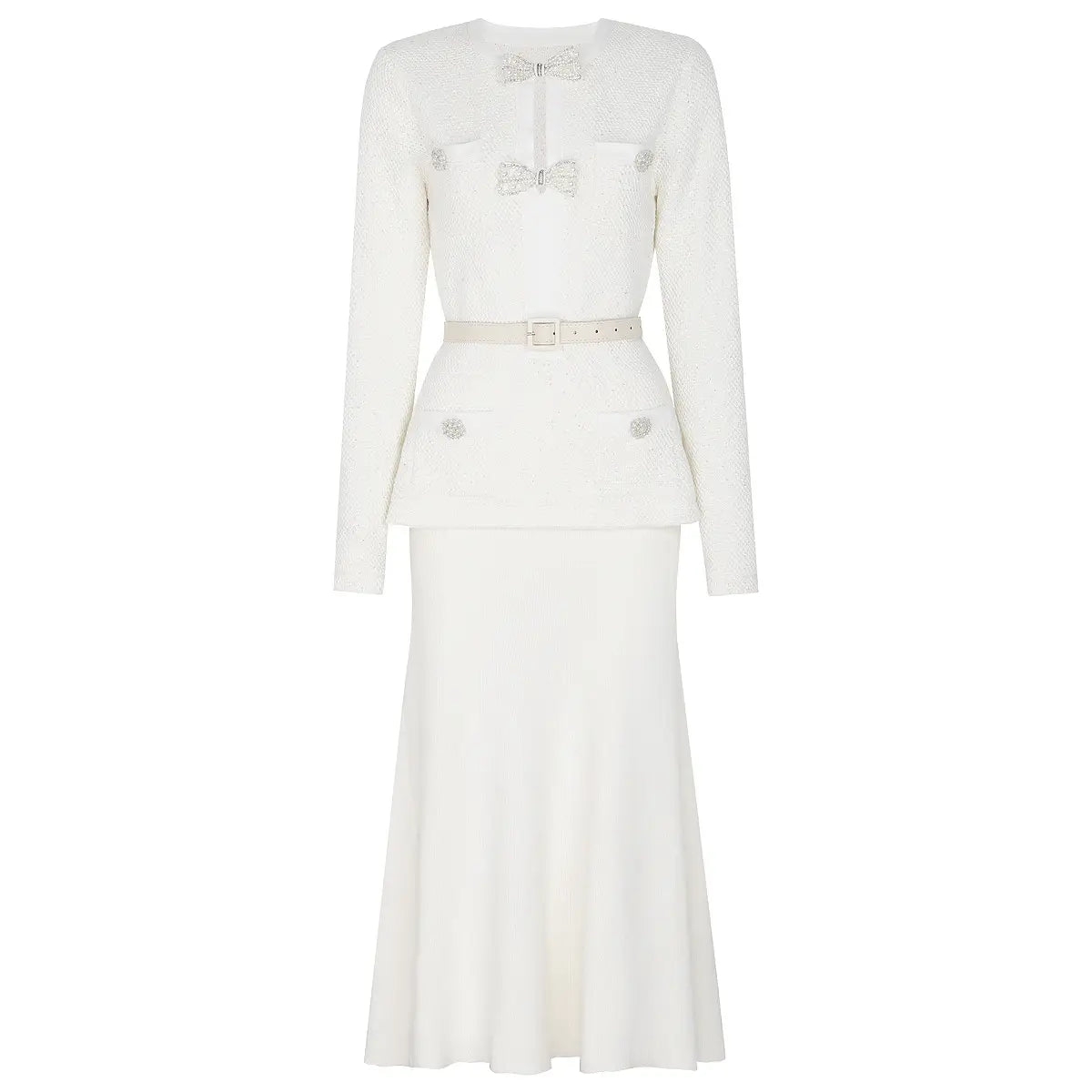 Beaded Knit Midi Dress with Belted Jacket - Elegant Occasion Set