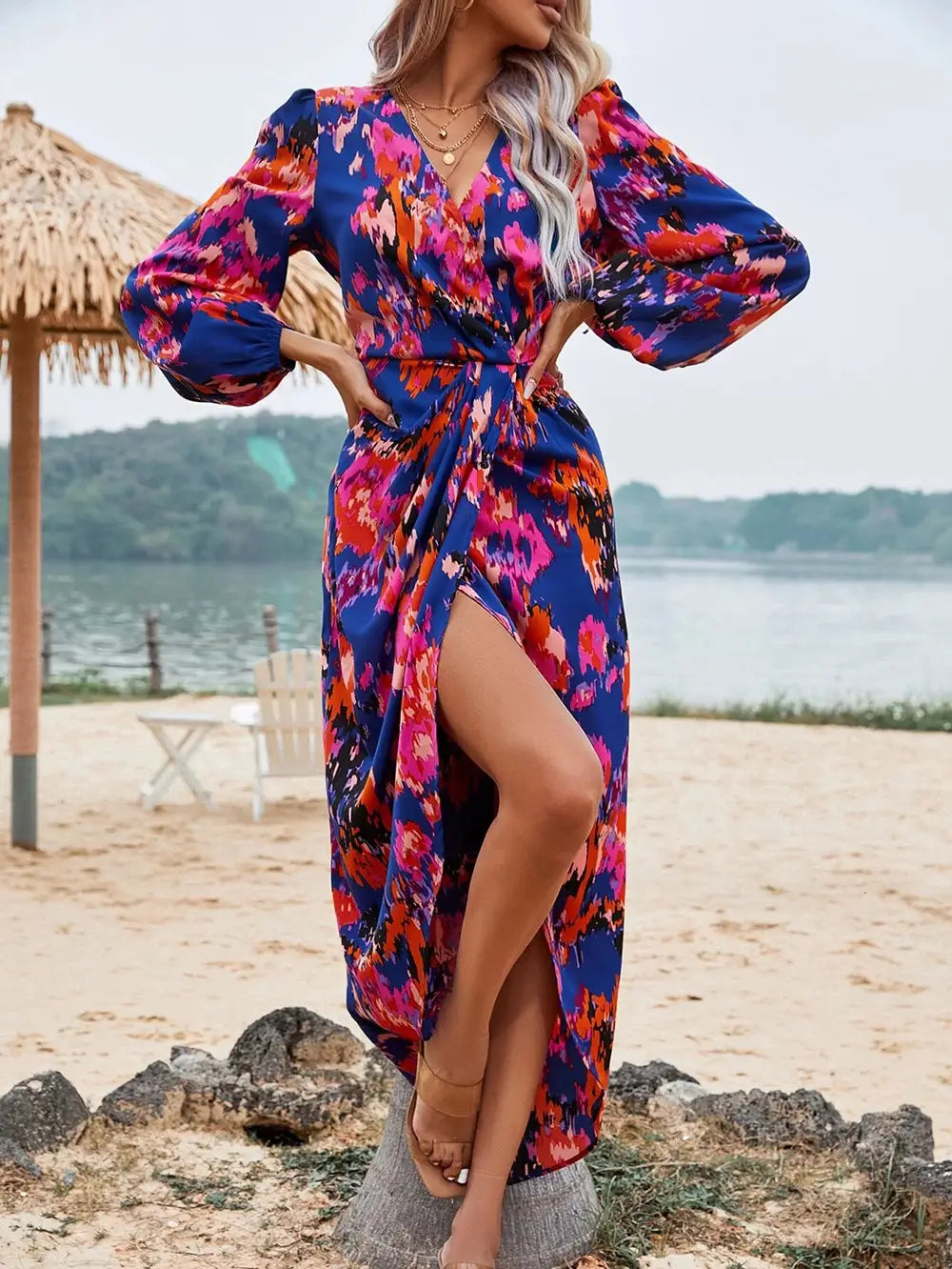 Elegant Boho Maxi Dress With Split Design - Perfect For Vacation